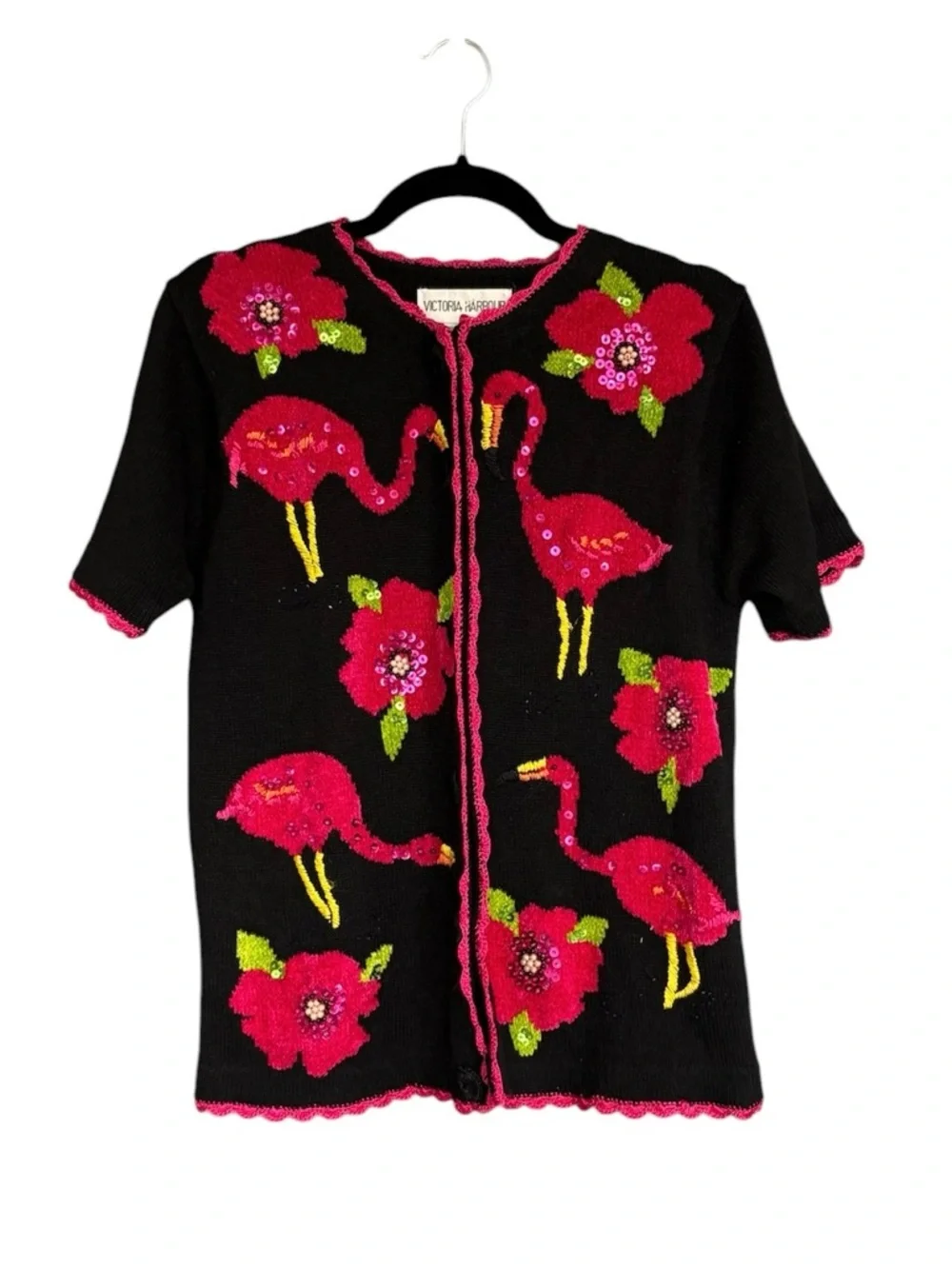 Victoria Harbor Black Knit Cardigan with Pink Flamingos & Flowers Size S